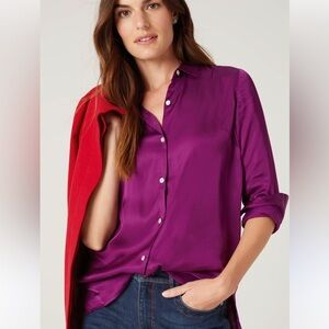 J.Jill Women's Long Sleeve Button-Up satin shirt purple size medium petite